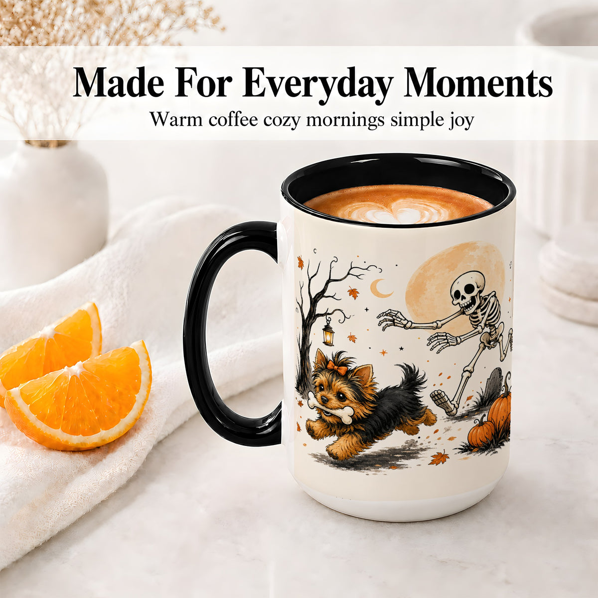 #pl[15oz|Black] Lantern Graveyard Yorkie Ceramic Mug, Halloween Art for Dog Lovers