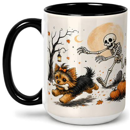 #pl[15oz|Black] Lantern Graveyard Yorkie Ceramic Mug, Halloween Art for Dog Lovers