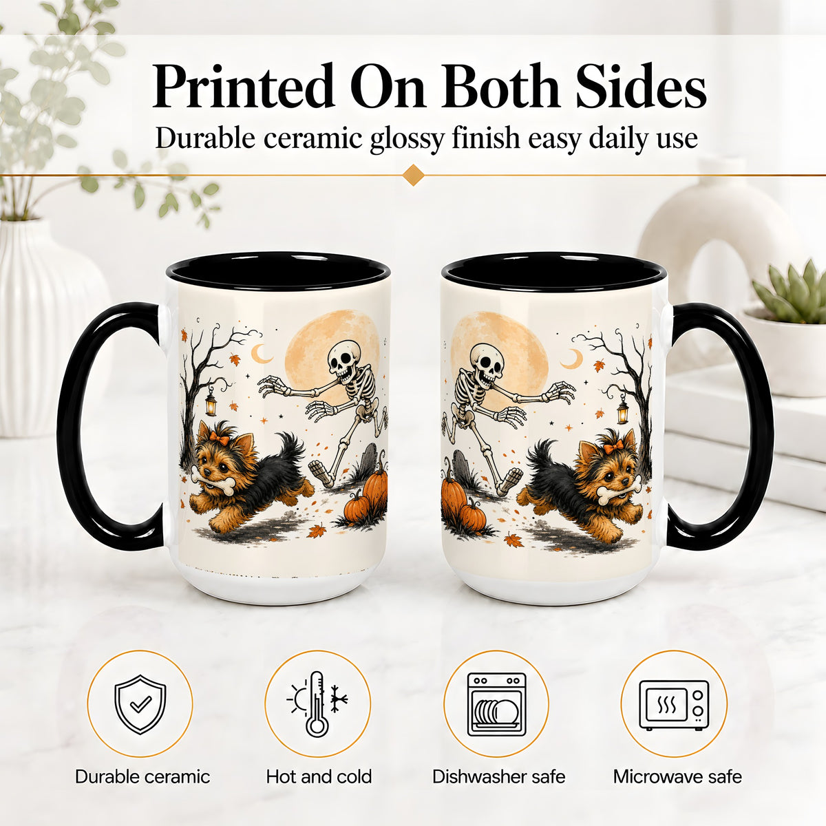 #pl[15oz|Black] Lantern Graveyard Yorkie Ceramic Mug, Halloween Art for Dog Lovers