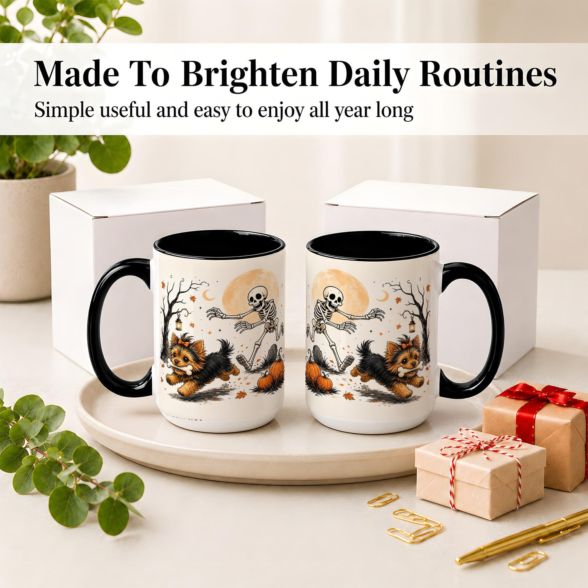 #pl[15oz|Black] Lantern Graveyard Yorkie Ceramic Mug, Halloween Art for Dog Lovers
