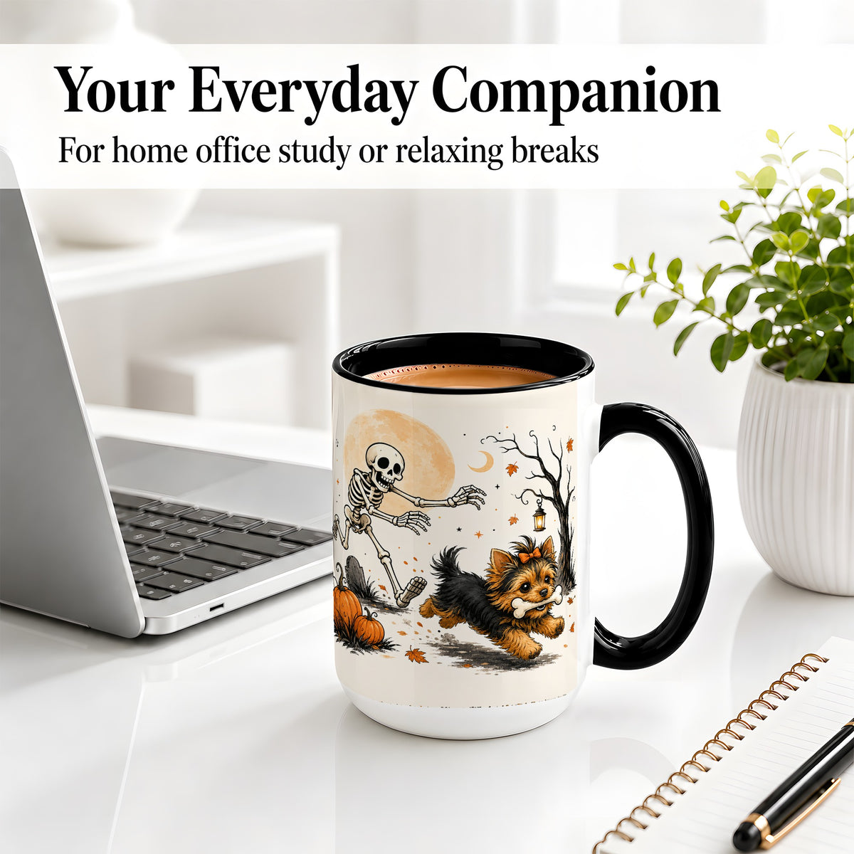 #pl[15oz|Black] Lantern Graveyard Yorkie Ceramic Mug, Halloween Art for Dog Lovers