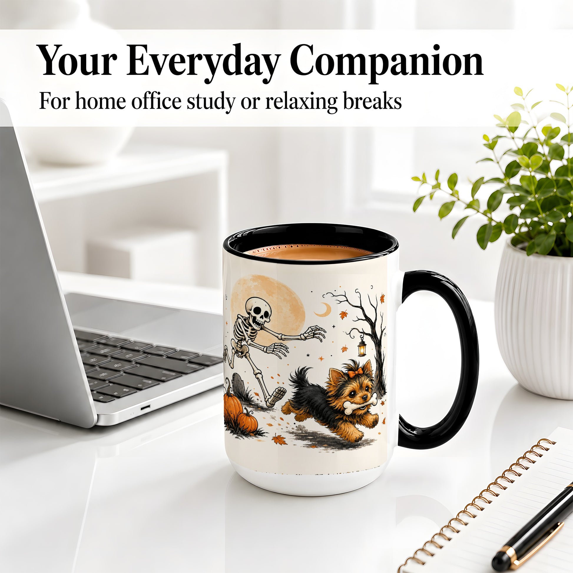 #pl[15oz|Black] Lantern Graveyard Yorkie Ceramic Mug, Halloween Art for Dog Lovers