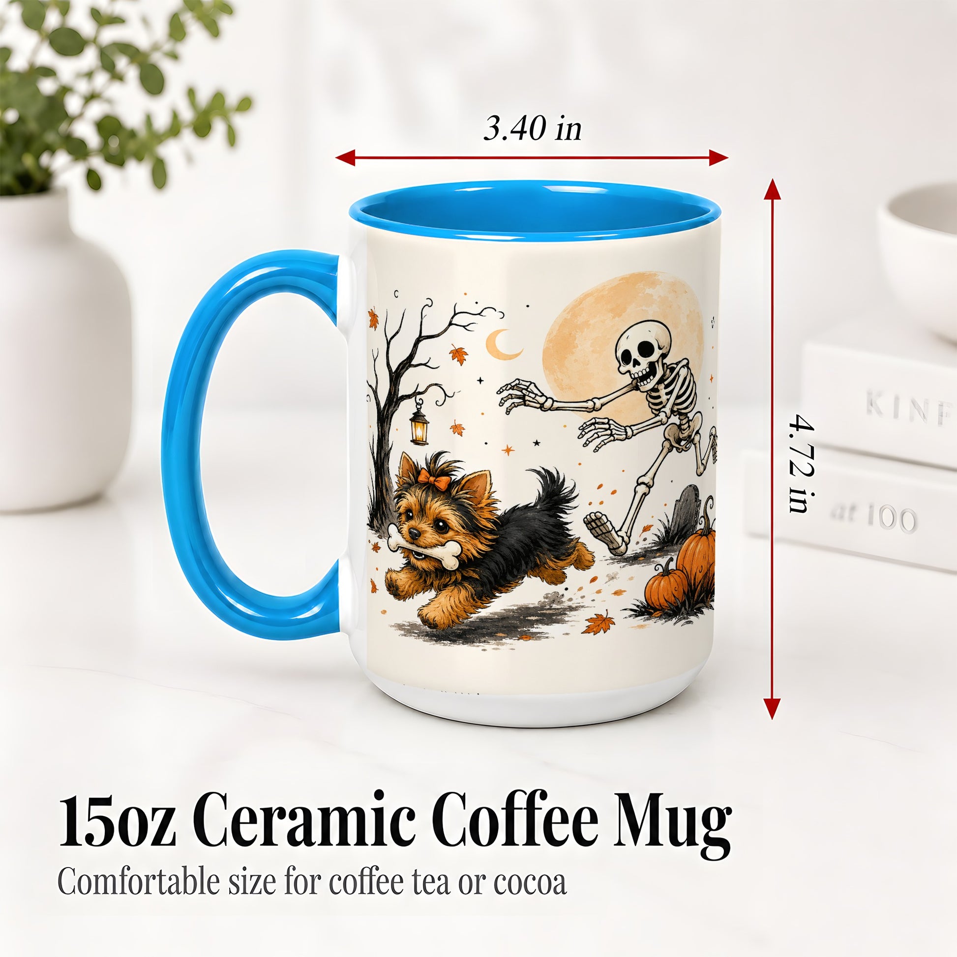 #pl[15oz|Blue] Lantern Graveyard Yorkie Ceramic Mug, Halloween Art for Dog Lovers