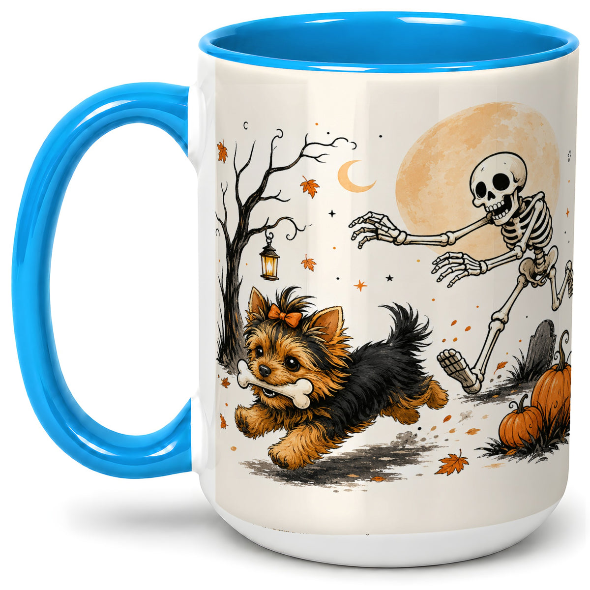 #pl[15oz|Blue] Lantern Graveyard Yorkie Ceramic Mug, Halloween Art for Dog Lovers