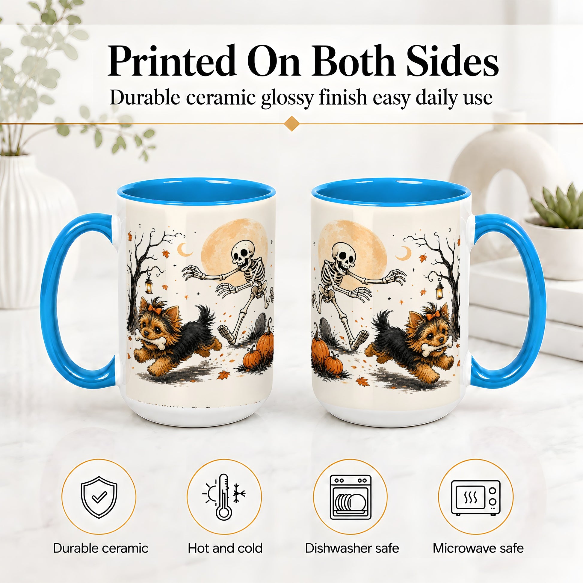 #pl[15oz|Blue] Lantern Graveyard Yorkie Ceramic Mug, Halloween Art for Dog Lovers