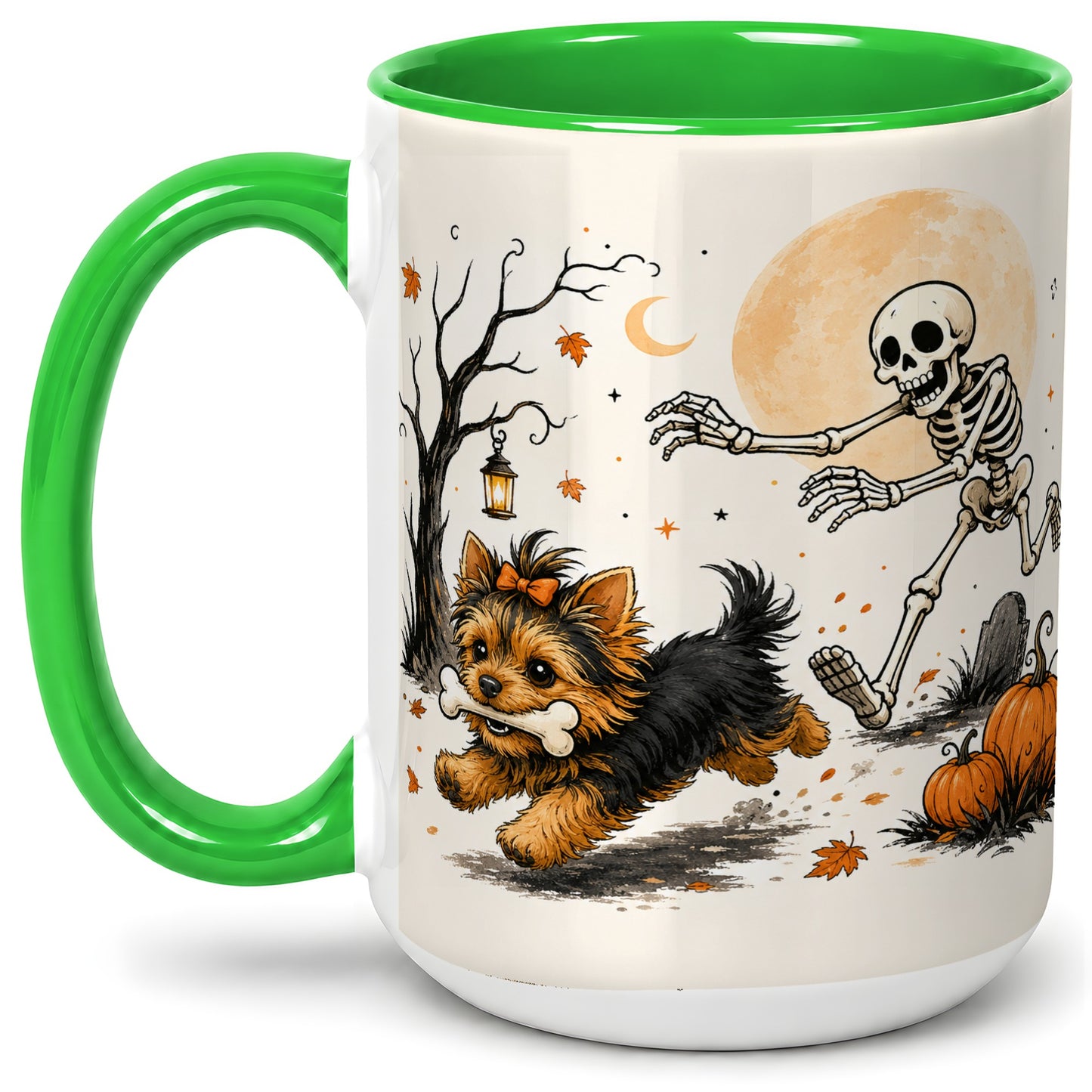 #pl[15oz|Green] Lantern Graveyard Yorkie Ceramic Mug, Halloween Art for Dog Lovers