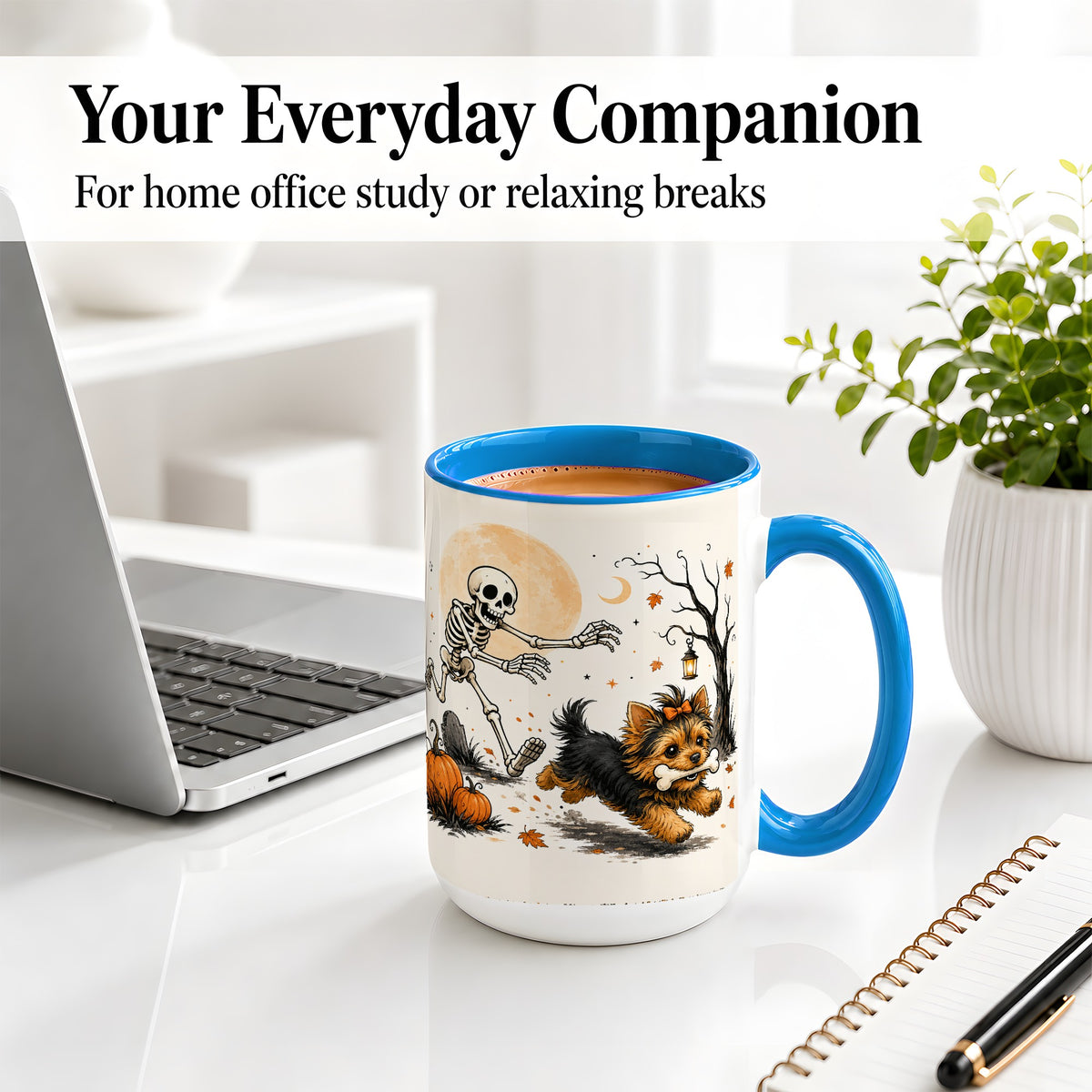 #pl[15oz|Blue] Lantern Graveyard Yorkie Ceramic Mug, Halloween Art for Dog Lovers