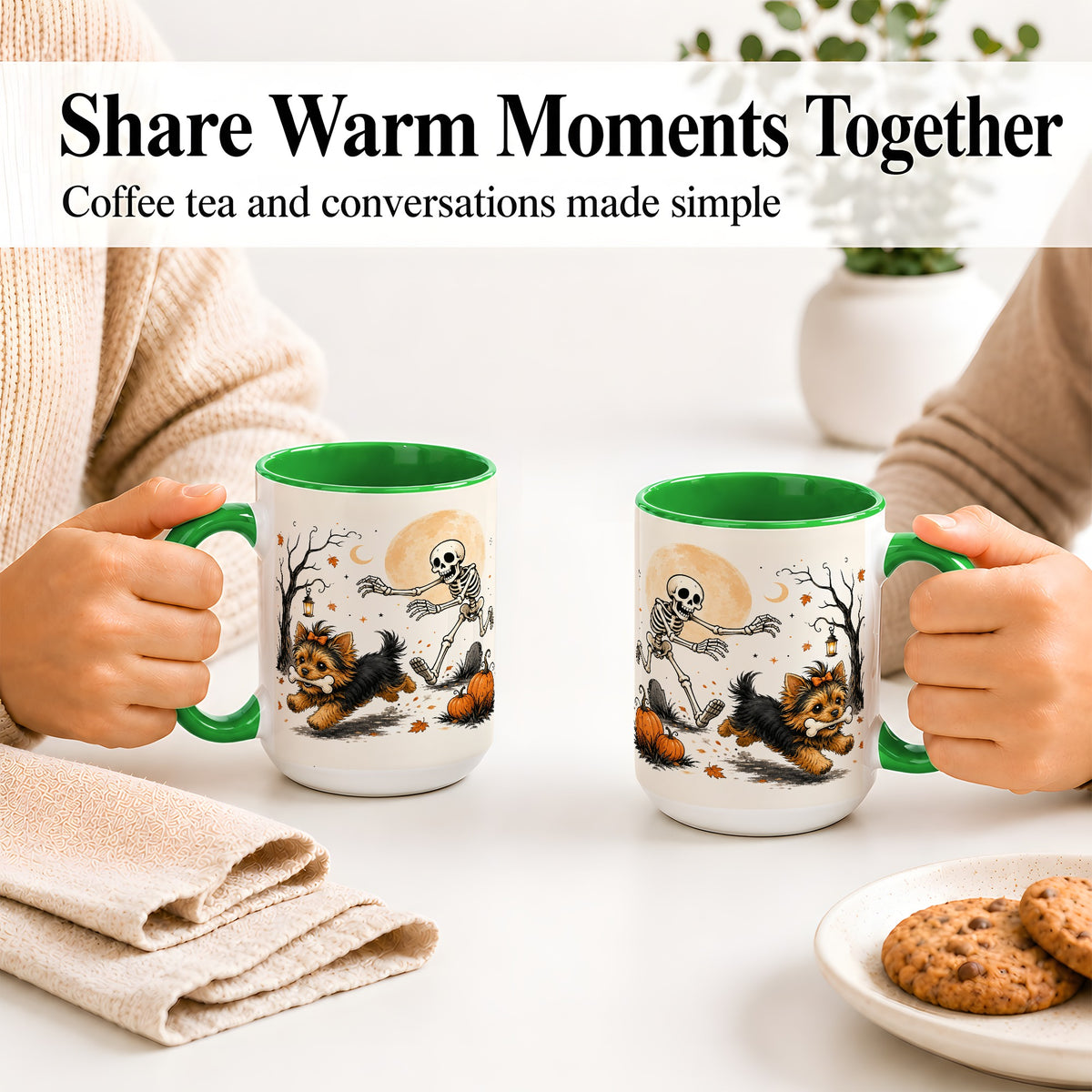 #pl[15oz|Green] Lantern Graveyard Yorkie Ceramic Mug, Halloween Art for Dog Lovers