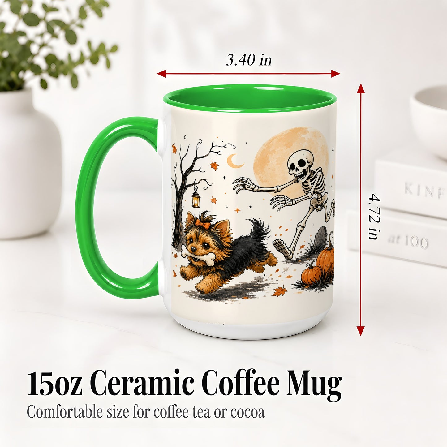 #pl[15oz|Green] Lantern Graveyard Yorkie Ceramic Mug, Halloween Art for Dog Lovers