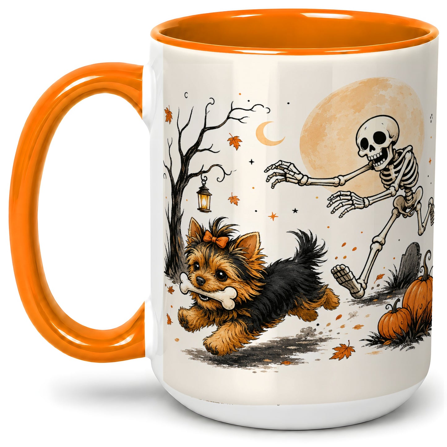 #pl[15oz|Orange] Lantern Graveyard Yorkie Ceramic Mug, Halloween Art for Dog Lovers