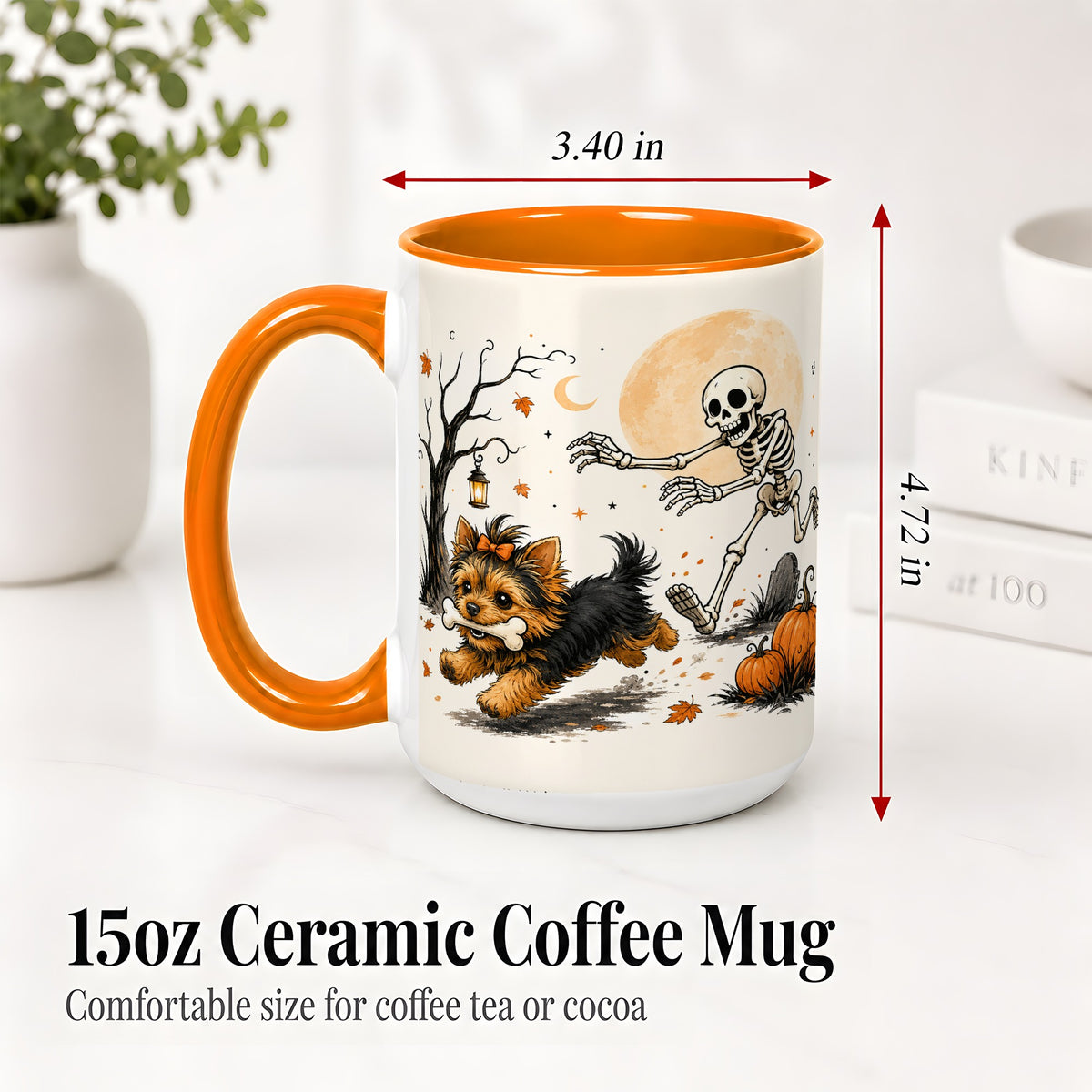 #pl[15oz|Orange] Lantern Graveyard Yorkie Ceramic Mug, Halloween Art for Dog Lovers