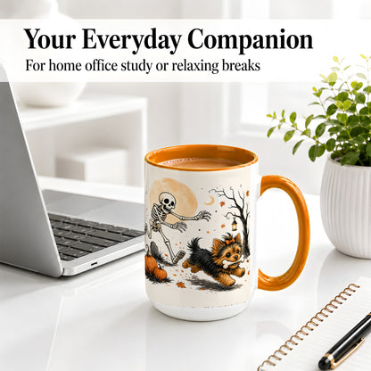 #pl[15oz|Orange] Lantern Graveyard Yorkie Ceramic Mug, Halloween Art for Dog Lovers