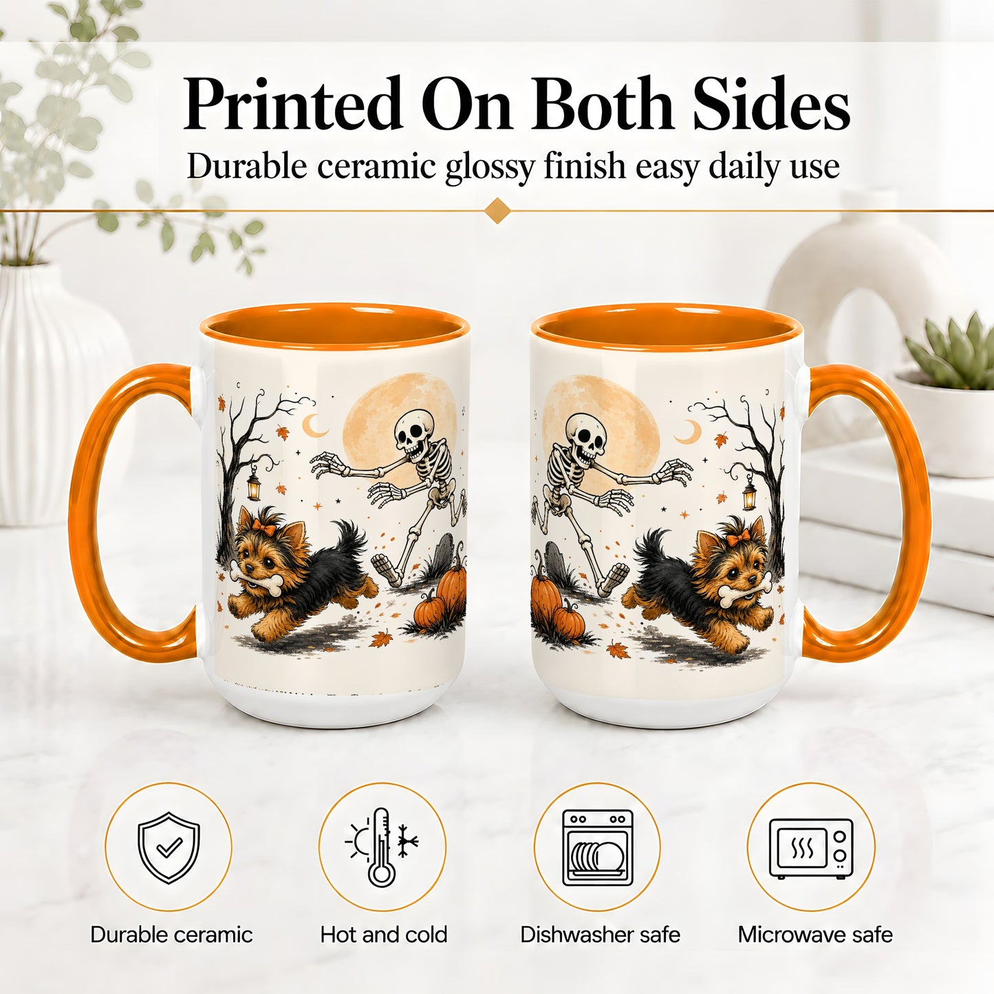 #pl[15oz|Orange] Lantern Graveyard Yorkie Ceramic Mug, Halloween Art for Dog Lovers
