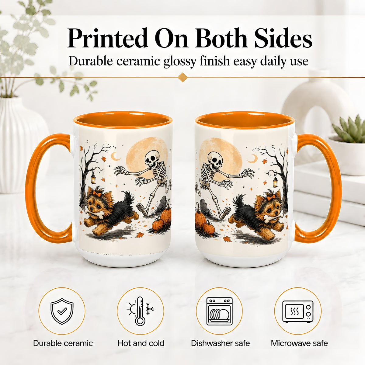 #pl[15oz|Orange] Lantern Graveyard Yorkie Ceramic Mug, Halloween Art for Dog Lovers
