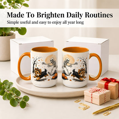 #pl[15oz|Orange] Lantern Graveyard Yorkie Ceramic Mug, Halloween Art for Dog Lovers
