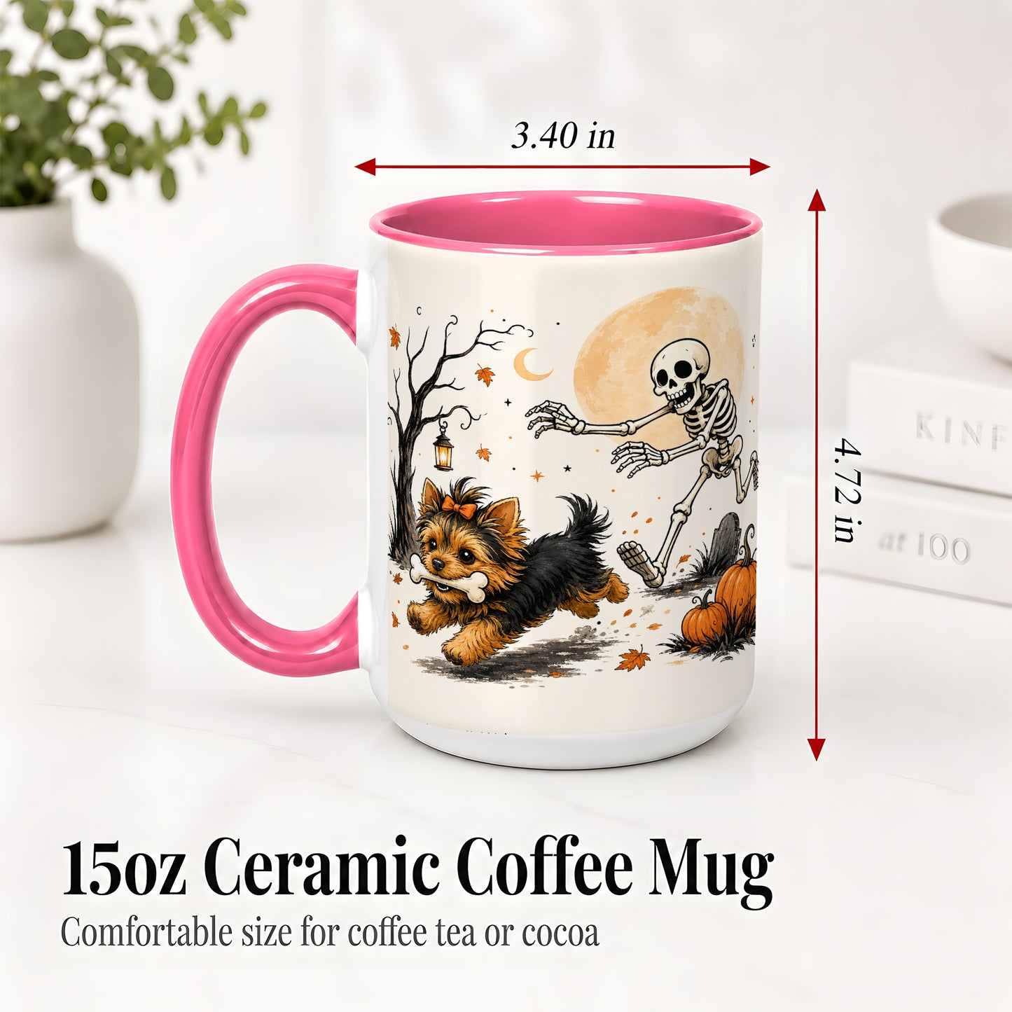 #pl[15oz|Pink] Lantern Graveyard Yorkie Ceramic Mug, Halloween Art for Dog Lovers