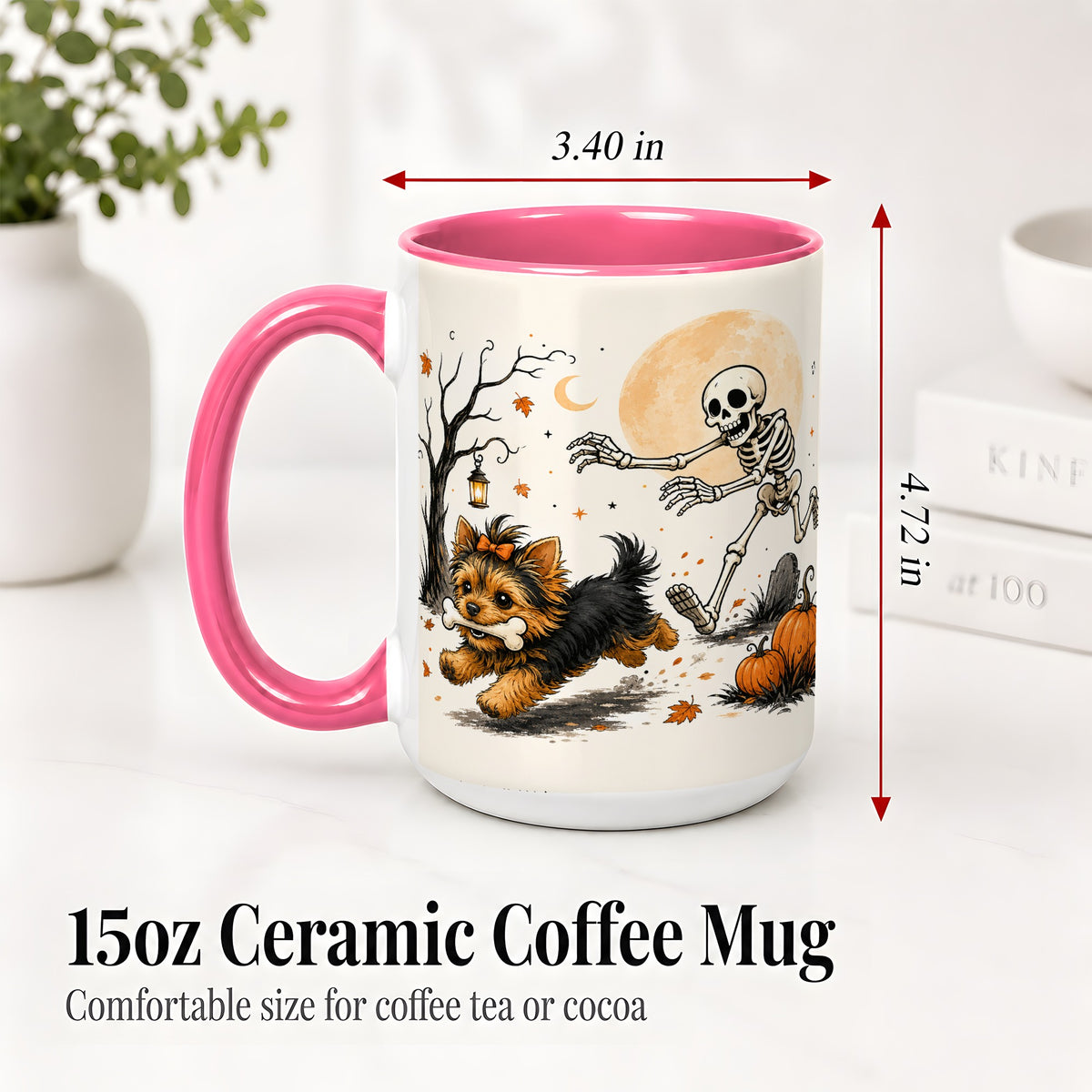 #pl[15oz|Pink] Lantern Graveyard Yorkie Ceramic Mug, Halloween Art for Dog Lovers