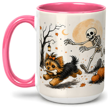 #pl[15oz|Pink] Lantern Graveyard Yorkie Ceramic Mug, Halloween Art for Dog Lovers