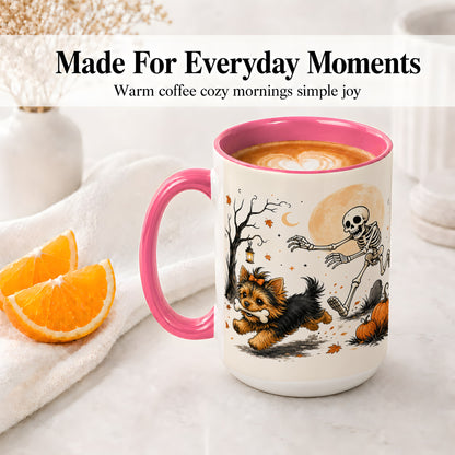 #pl[15oz|Pink] Lantern Graveyard Yorkie Ceramic Mug, Halloween Art for Dog Lovers