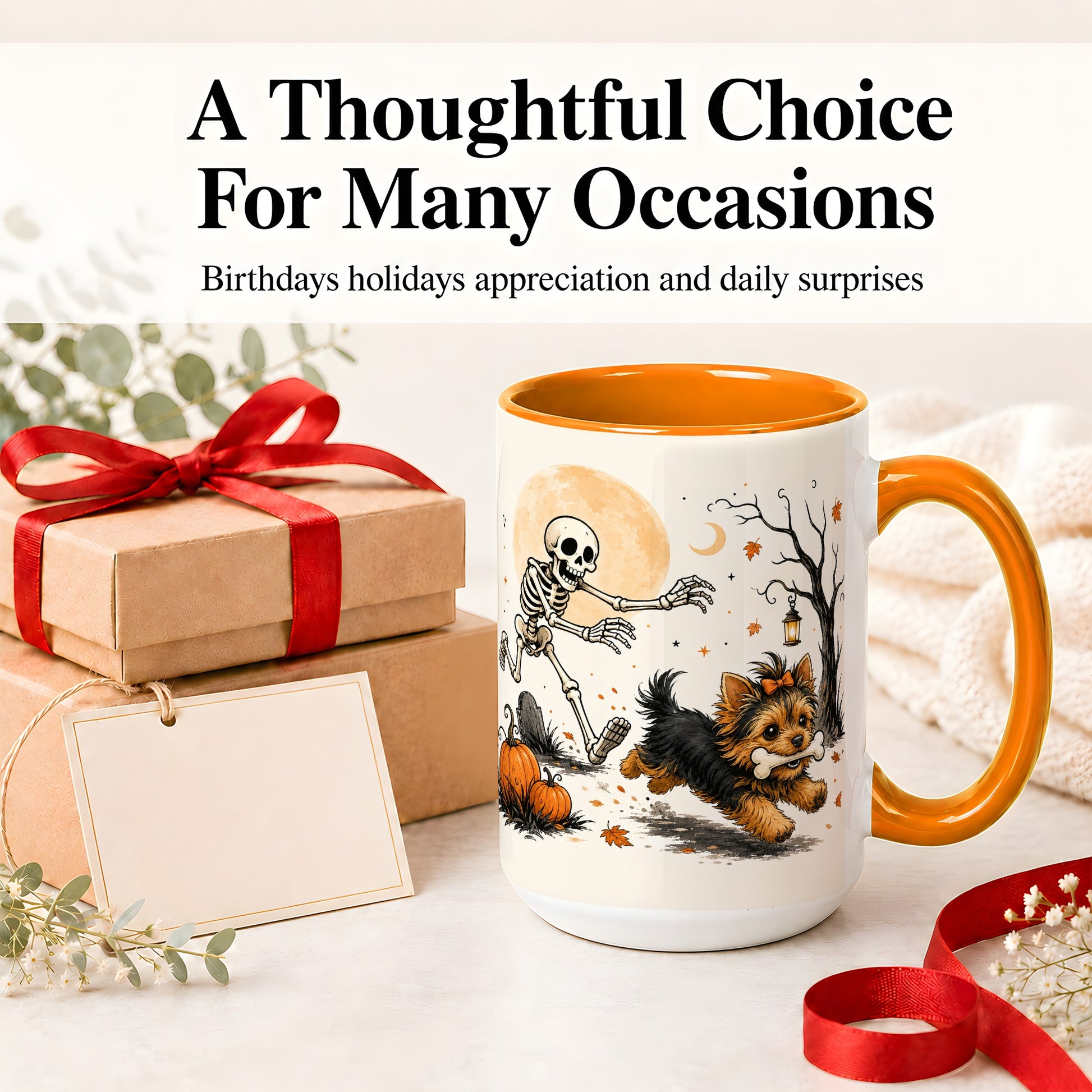 #pl[15oz|Orange] Lantern Graveyard Yorkie Ceramic Mug, Halloween Art for Dog Lovers