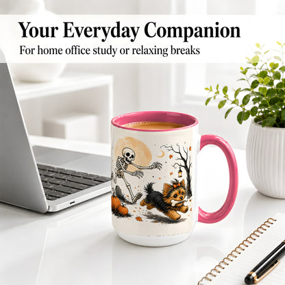 #pl[15oz|Pink] Lantern Graveyard Yorkie Ceramic Mug, Halloween Art for Dog Lovers