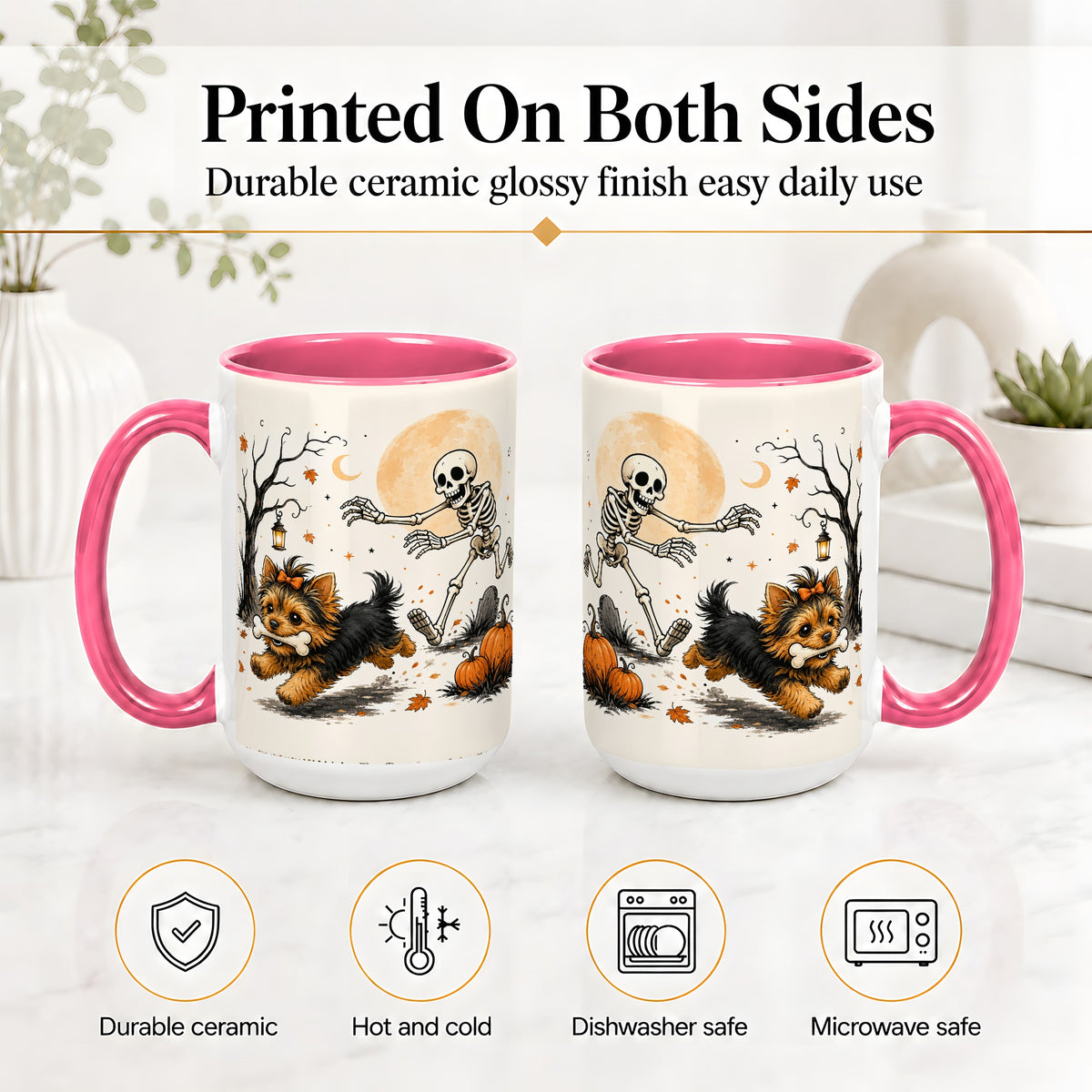 #pl[15oz|Pink] Lantern Graveyard Yorkie Ceramic Mug, Halloween Art for Dog Lovers