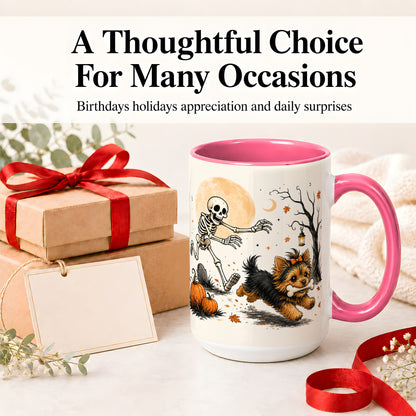 #pl[15oz|Pink] Lantern Graveyard Yorkie Ceramic Mug, Halloween Art for Dog Lovers