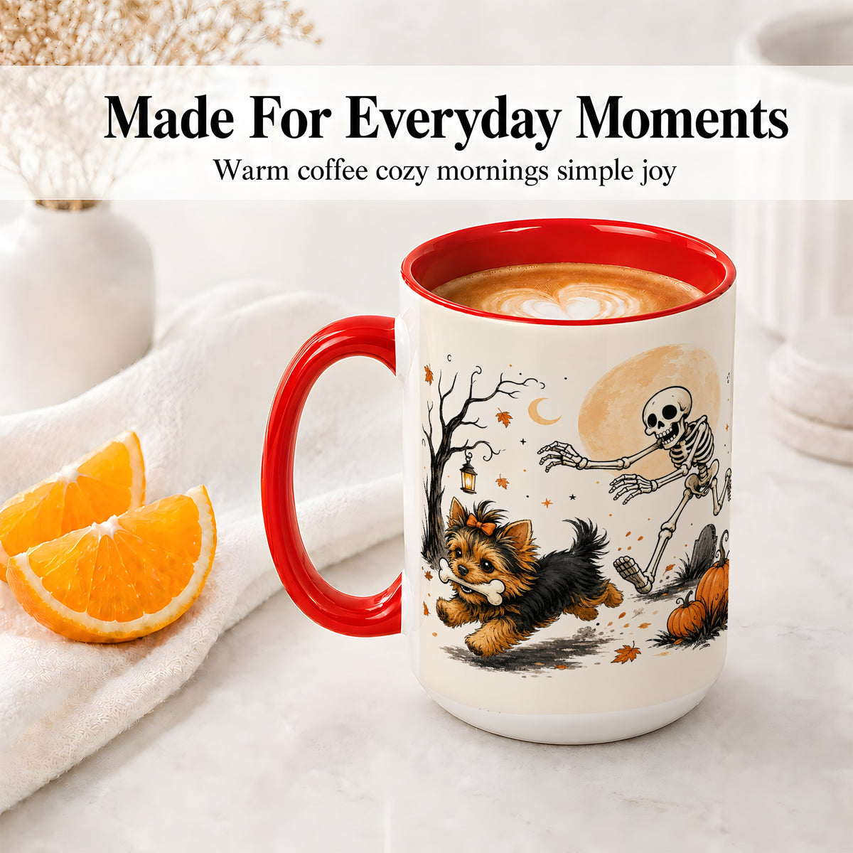 #pl[15oz|Red] Lantern Graveyard Yorkie Ceramic Mug, Halloween Art for Dog Lovers
