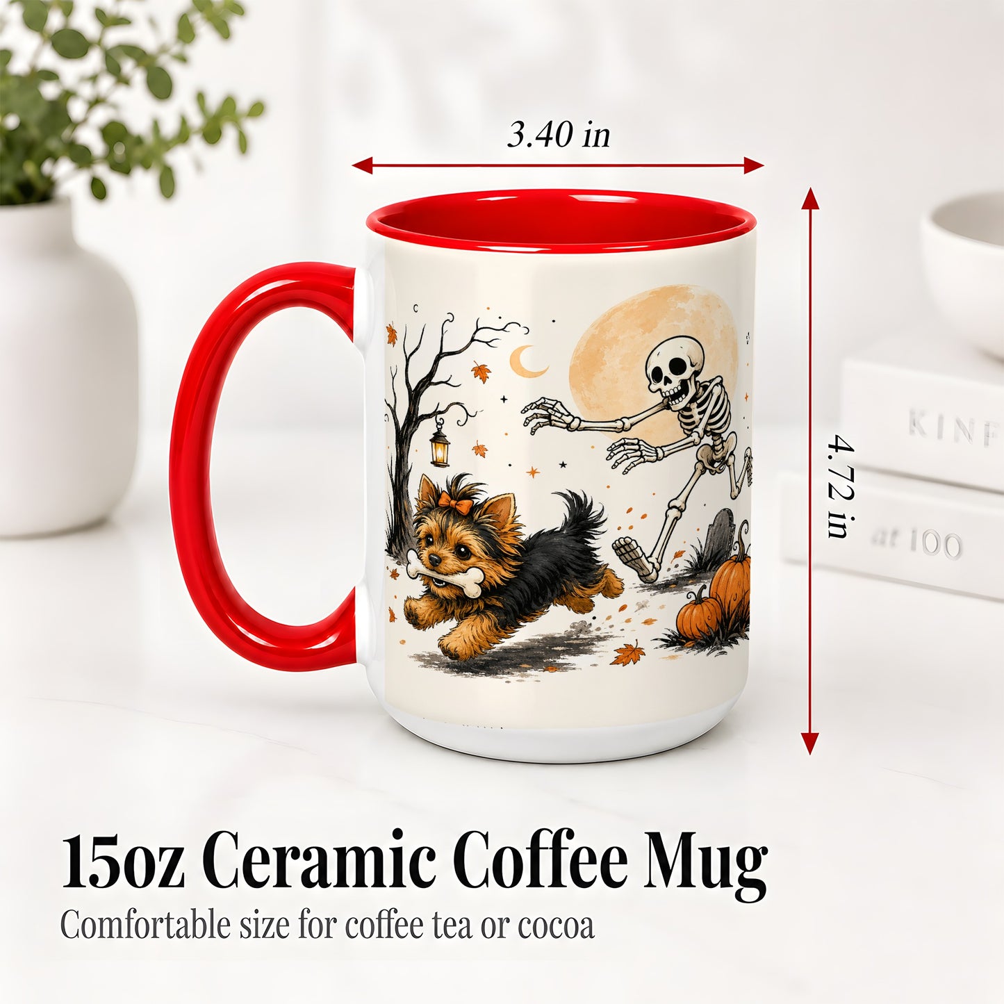 #pl[15oz|Red] Lantern Graveyard Yorkie Ceramic Mug, Halloween Art for Dog Lovers