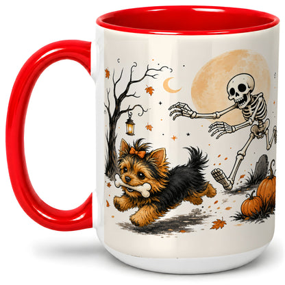 #pl[15oz|Red] Lantern Graveyard Yorkie Ceramic Mug, Halloween Art for Dog Lovers
