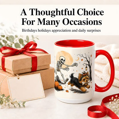 #pl[15oz|Red] Lantern Graveyard Yorkie Ceramic Mug, Halloween Art for Dog Lovers