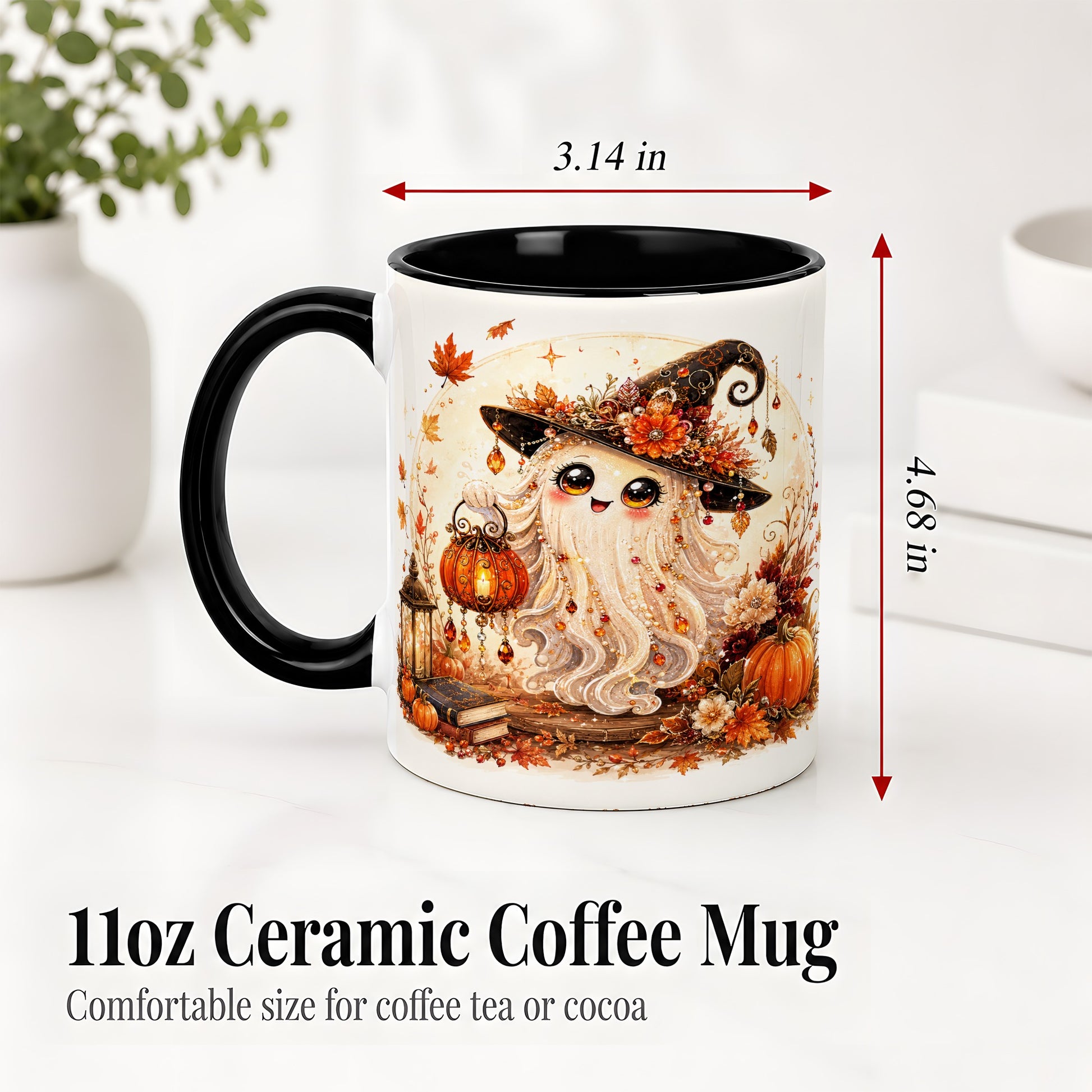 #pl[11oz|Black] Autumn Witch Ghost Ceramic Mug, Pumpkin Lantern Art for Ghost Fans