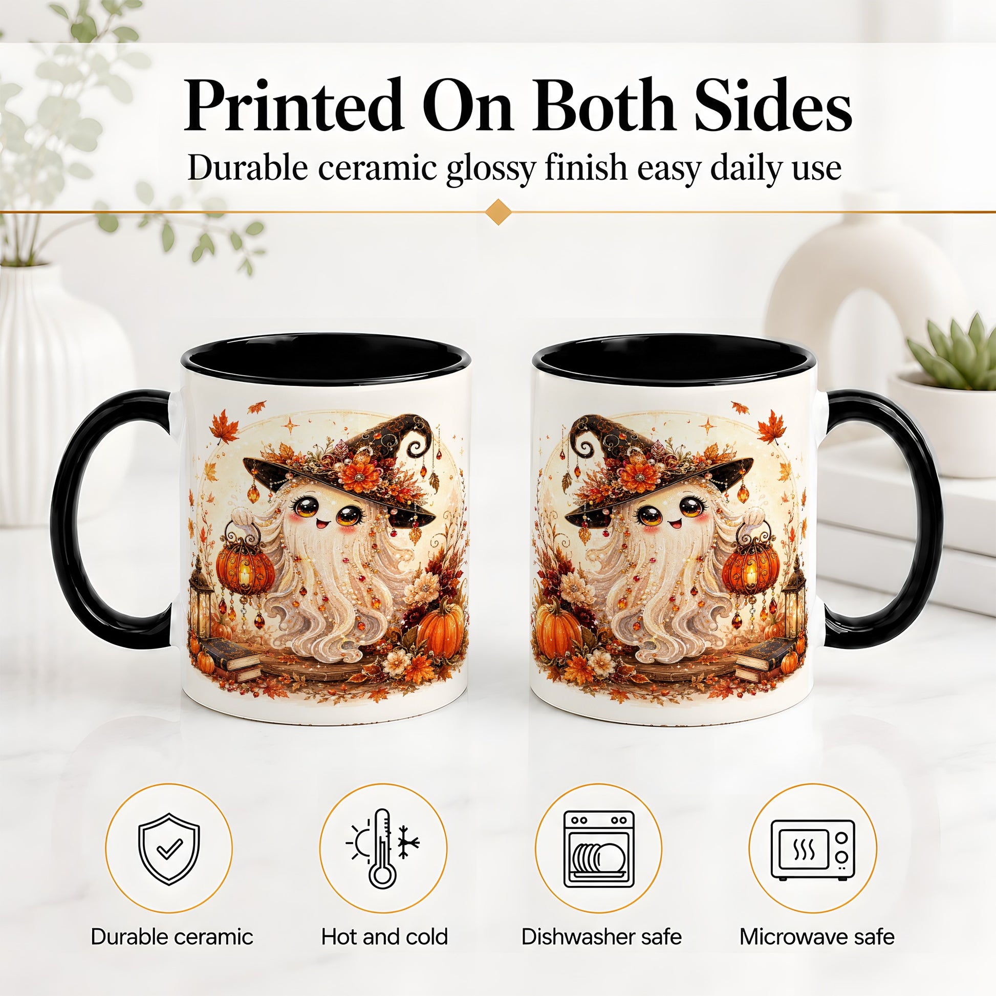 #pl[11oz|Black] Autumn Witch Ghost Ceramic Mug, Pumpkin Lantern Art for Ghost Fans