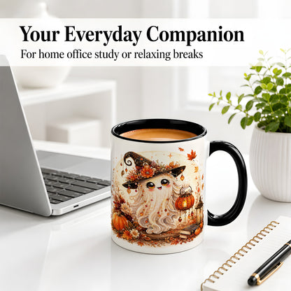 #pl[11oz|Black] Autumn Witch Ghost Ceramic Mug, Pumpkin Lantern Art for Ghost Fans