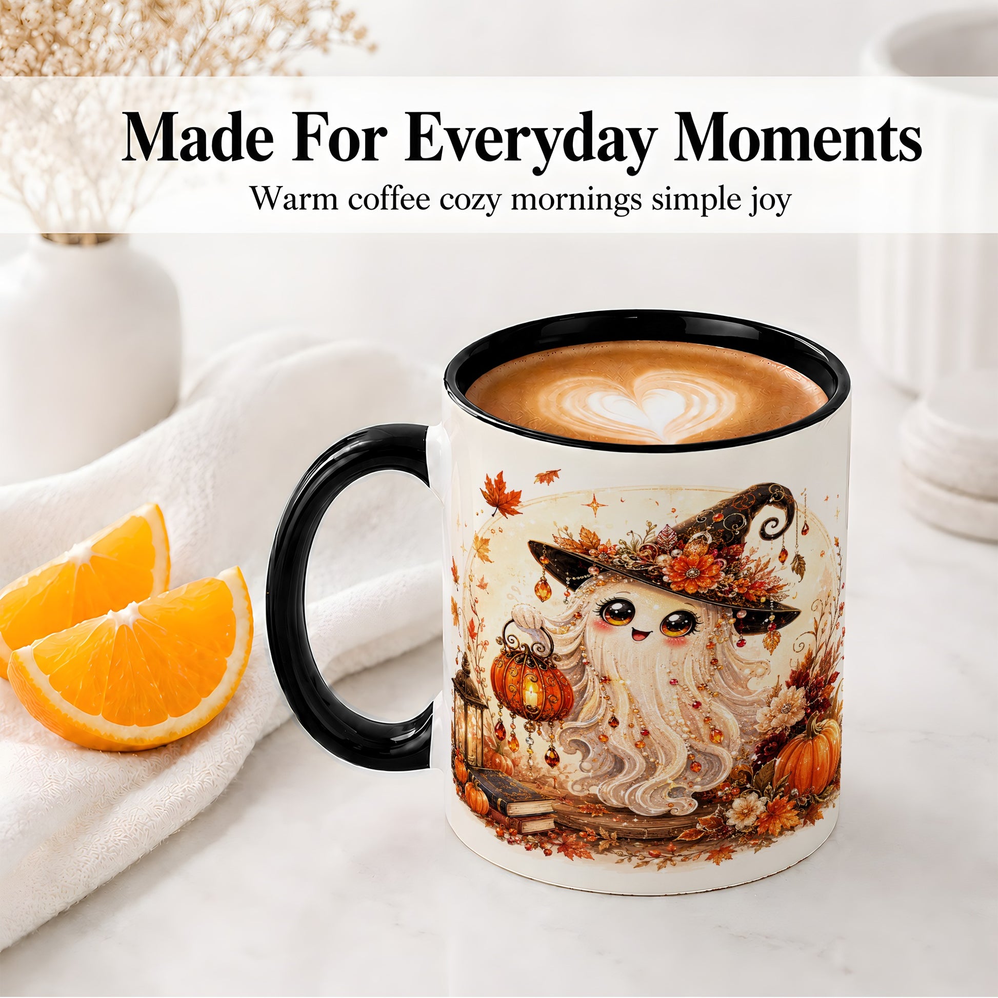 #pl[11oz|Black] Autumn Witch Ghost Ceramic Mug, Pumpkin Lantern Art for Ghost Fans