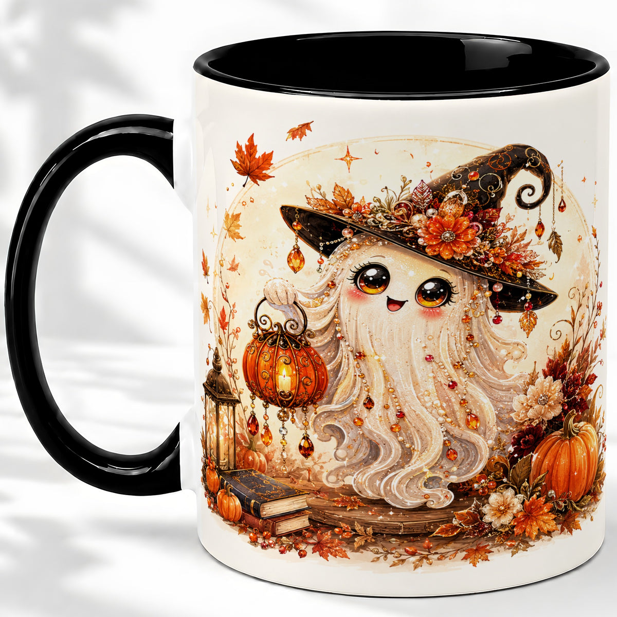 #pl[11oz|Black] Autumn Witch Ghost Ceramic Mug, Pumpkin Lantern Art for Ghost Fans
