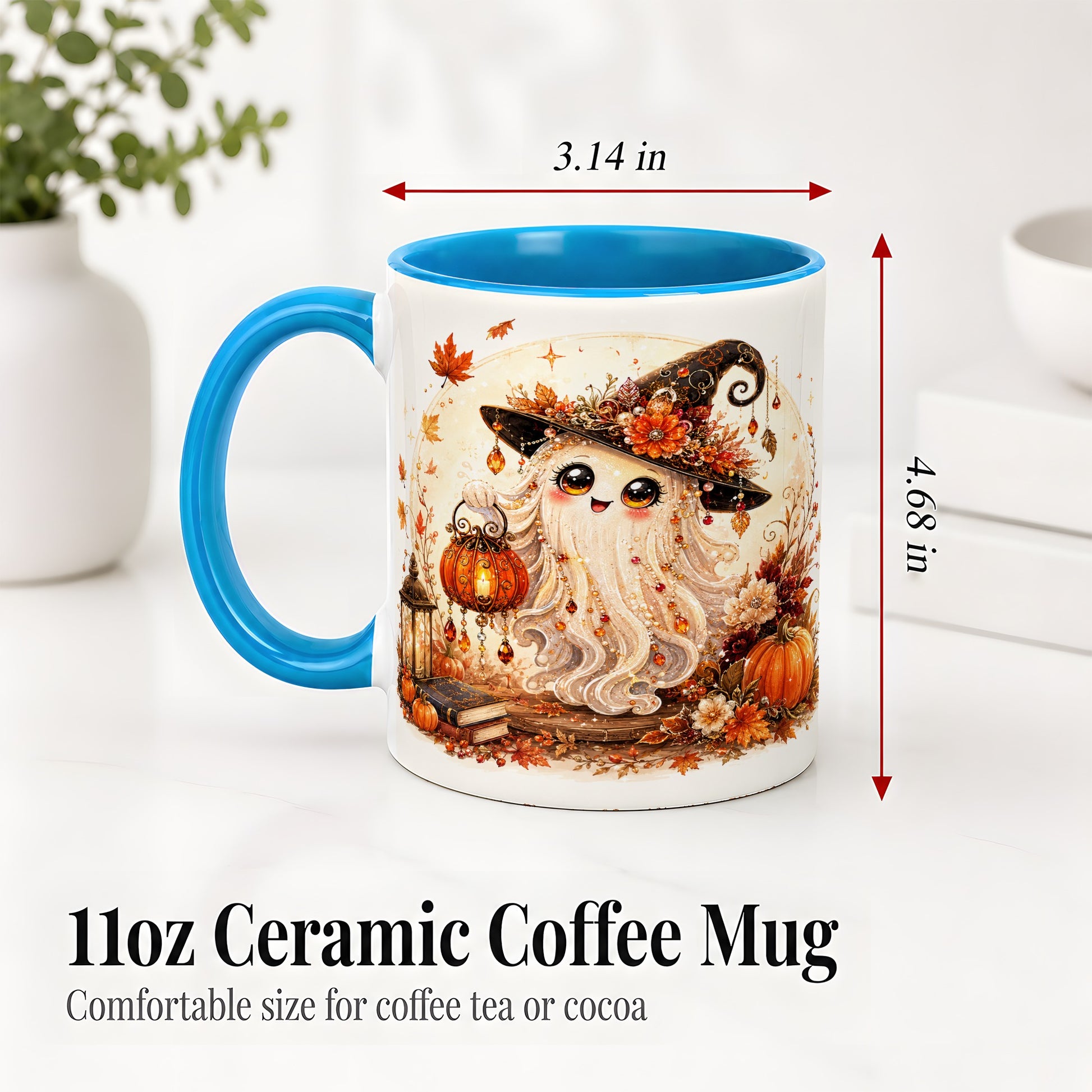 #pl[11oz|Blue] Autumn Witch Ghost Ceramic Mug, Pumpkin Lantern Art for Ghost Fans