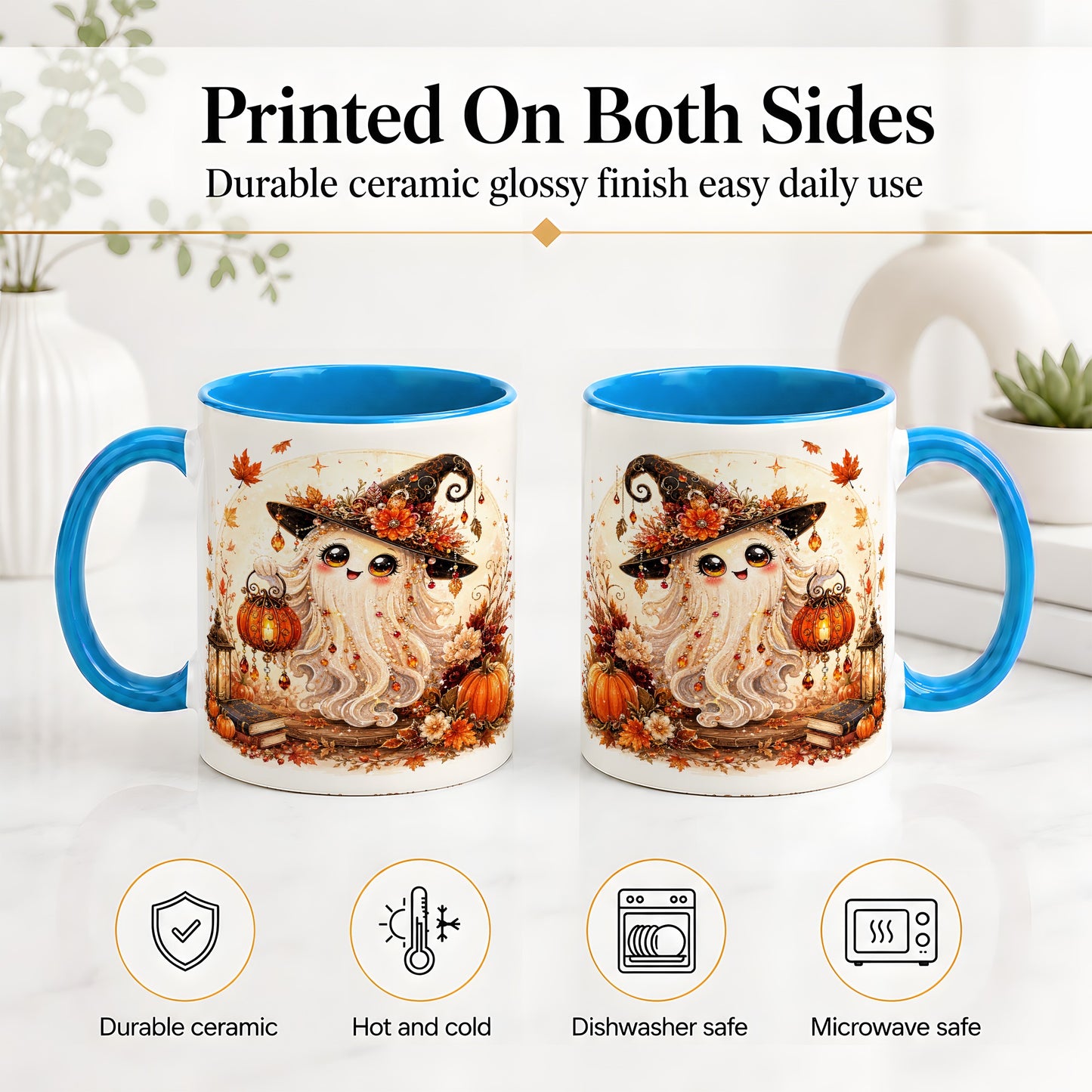 #pl[11oz|Blue] Autumn Witch Ghost Ceramic Mug, Pumpkin Lantern Art for Ghost Fans