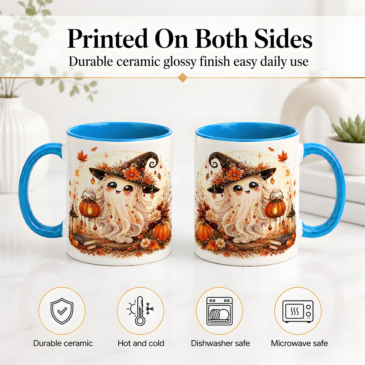 #pl[11oz|Blue] Autumn Witch Ghost Ceramic Mug, Pumpkin Lantern Art for Ghost Fans