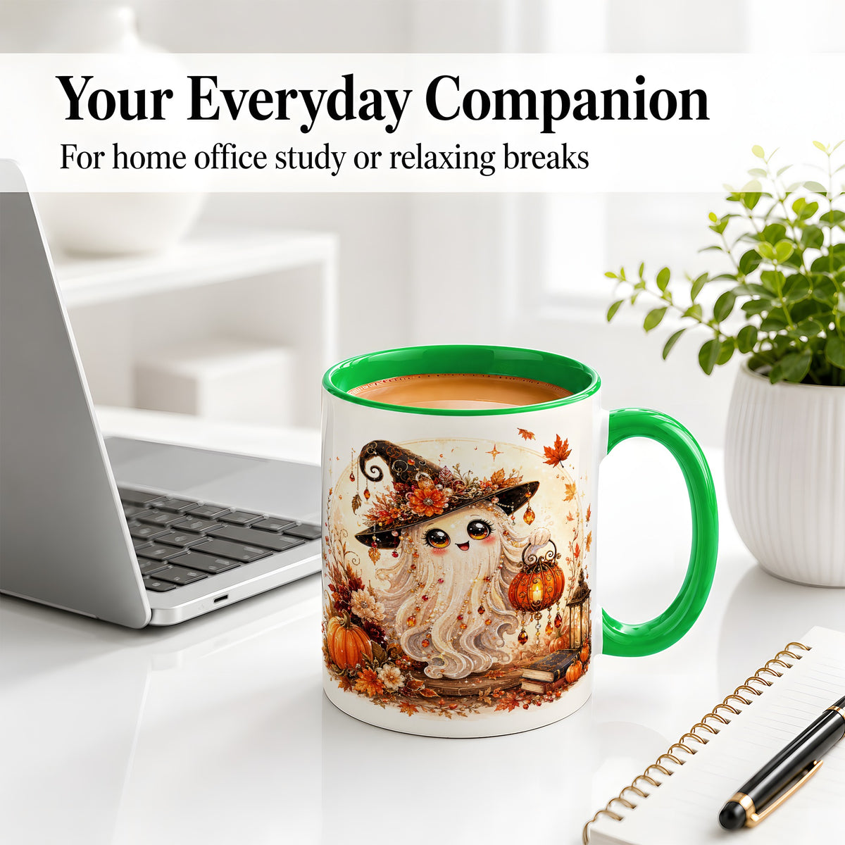 #pl[11oz|Green] Autumn Witch Ghost Ceramic Mug, Pumpkin Lantern Art for Ghost Fans