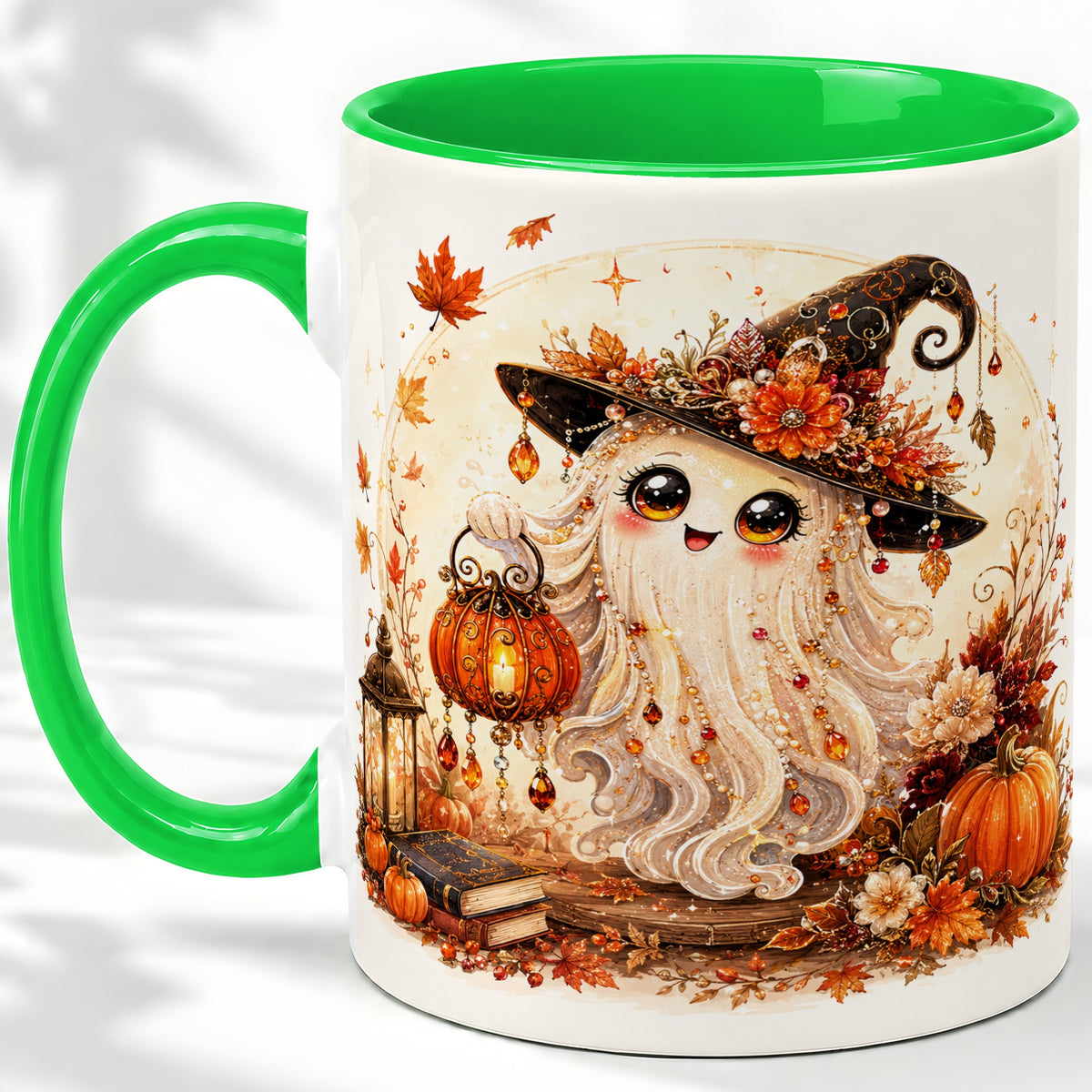 #pl[11oz|Green] Autumn Witch Ghost Ceramic Mug, Pumpkin Lantern Art for Ghost Fans
