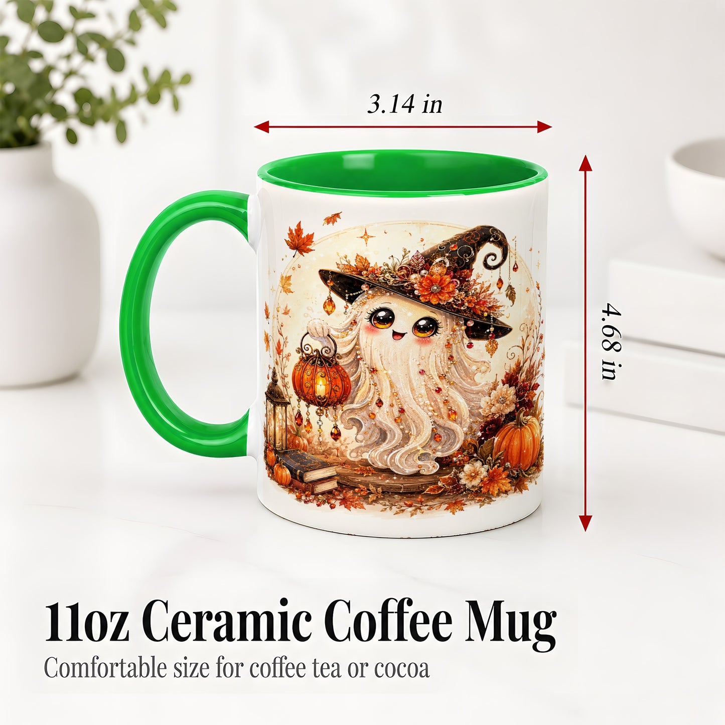 #pl[11oz|Green] Autumn Witch Ghost Ceramic Mug, Pumpkin Lantern Art for Ghost Fans
