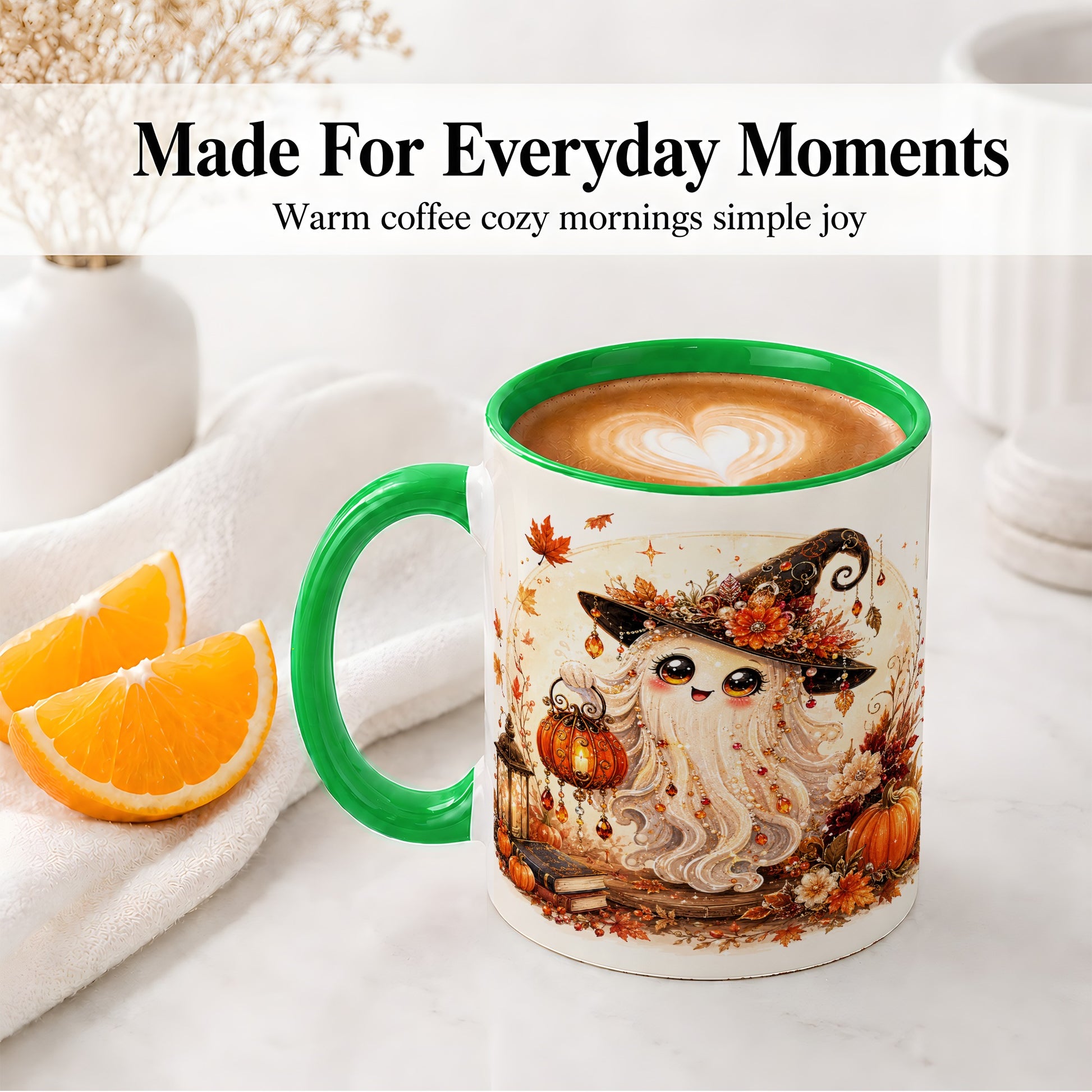 #pl[11oz|Green] Autumn Witch Ghost Ceramic Mug, Pumpkin Lantern Art for Ghost Fans