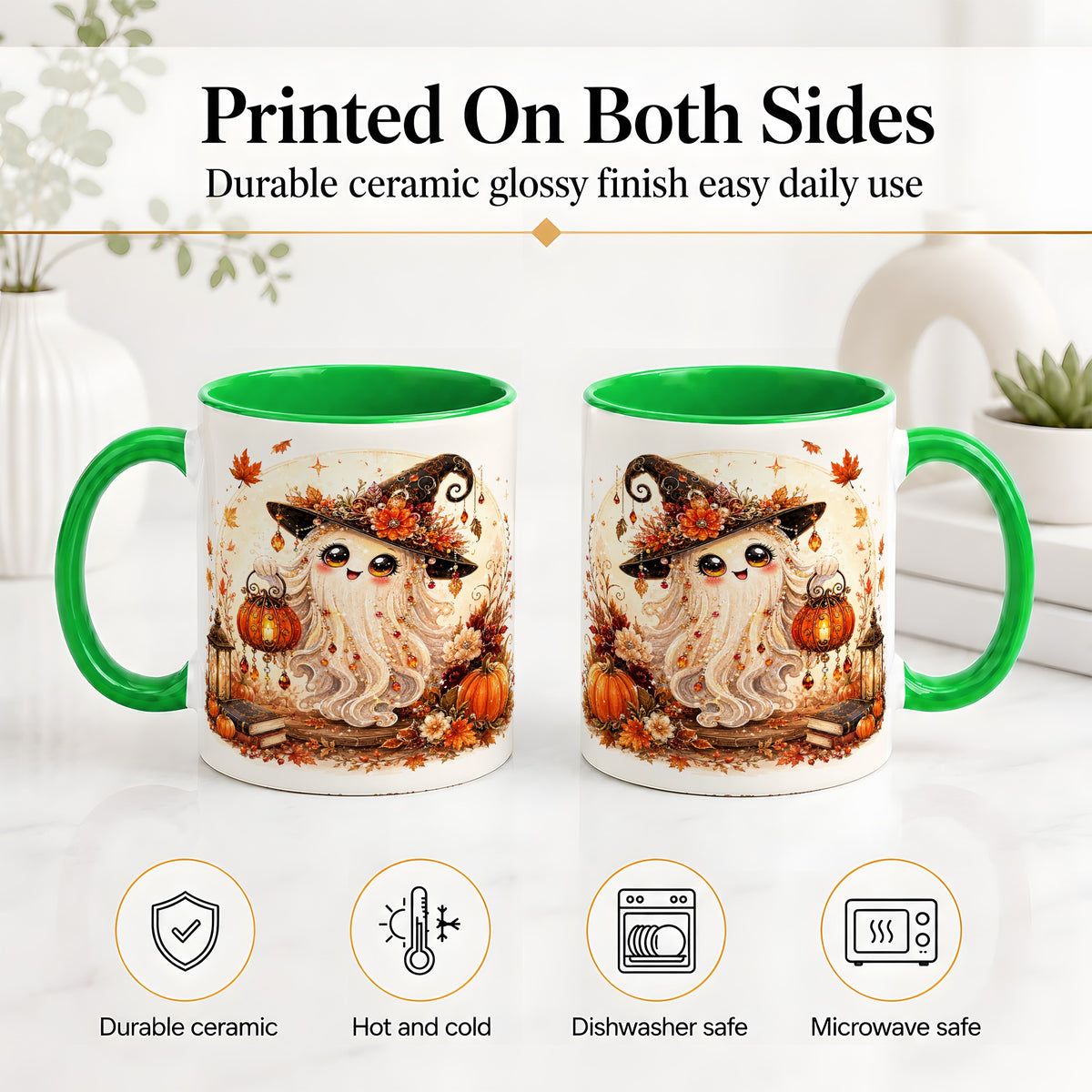 #pl[11oz|Green] Autumn Witch Ghost Ceramic Mug, Pumpkin Lantern Art for Ghost Fans
