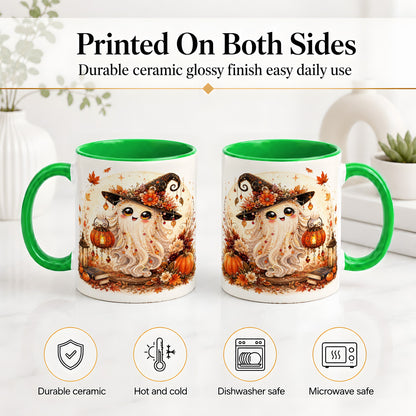 #pl[11oz|Green] Autumn Witch Ghost Ceramic Mug, Pumpkin Lantern Art for Ghost Fans