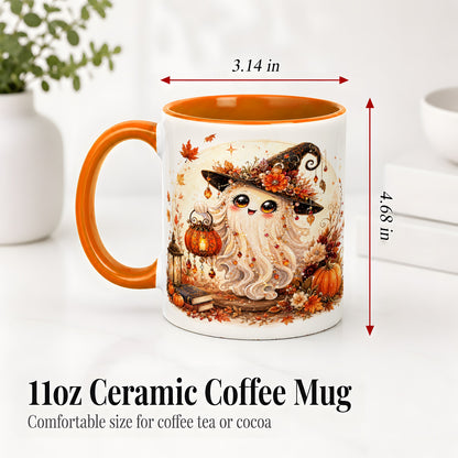 #pl[11oz|Orange] Autumn Witch Ghost Ceramic Mug, Pumpkin Lantern Art for Ghost Fans
