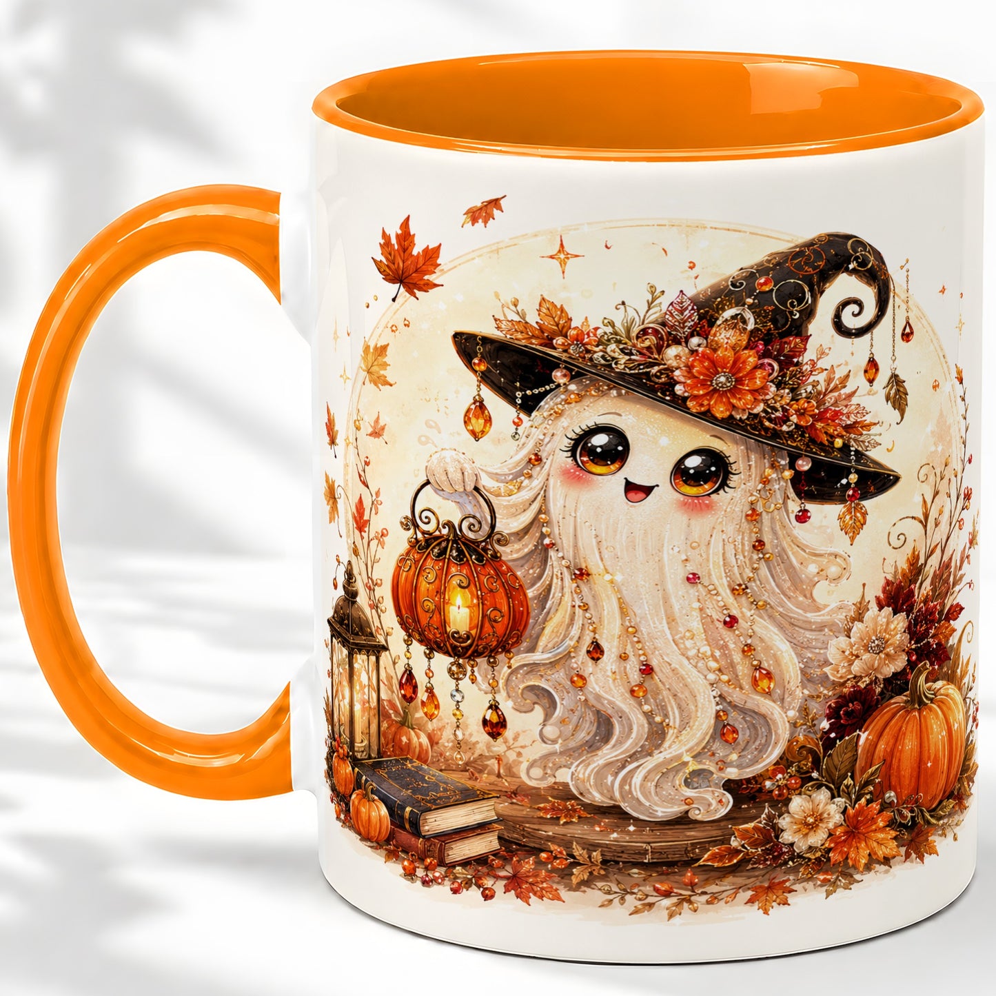 #pl[11oz|Orange] Autumn Witch Ghost Ceramic Mug, Pumpkin Lantern Art for Ghost Fans