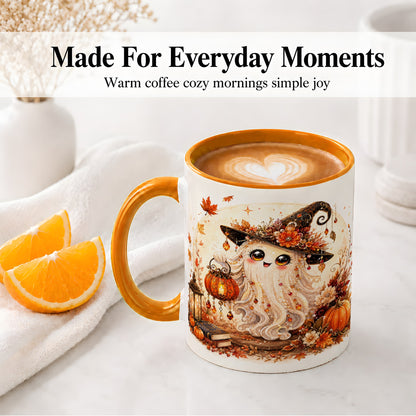 #pl[11oz|Orange] Autumn Witch Ghost Ceramic Mug, Pumpkin Lantern Art for Ghost Fans