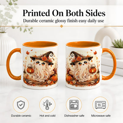 #pl[11oz|Orange] Autumn Witch Ghost Ceramic Mug, Pumpkin Lantern Art for Ghost Fans