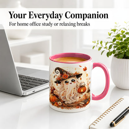 #pl[11oz|Pink] Autumn Witch Ghost Ceramic Mug, Pumpkin Lantern Art for Ghost Fans